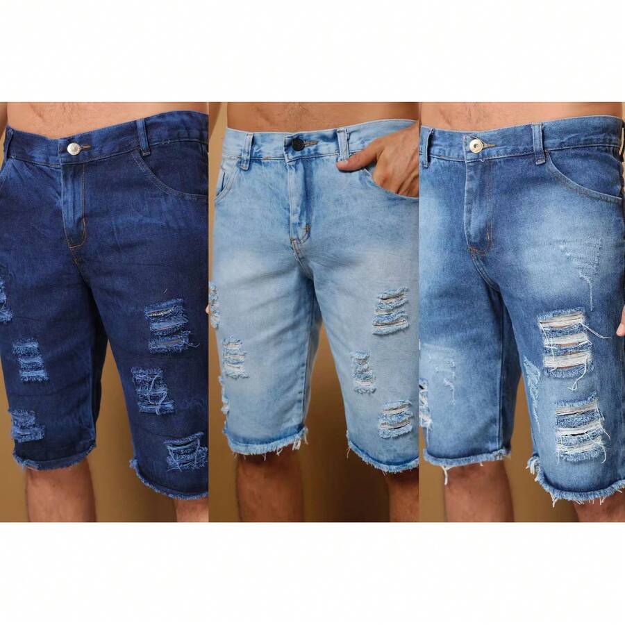 Kit 2 Men's Bermuda Shorts Destroyed Washes - Màu xanh lam - Xem 1