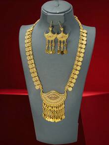 1套24K镀金锌合金中东风格镂空硬币流苏项链和耳环套装（女士） - 金色 - 查看 2