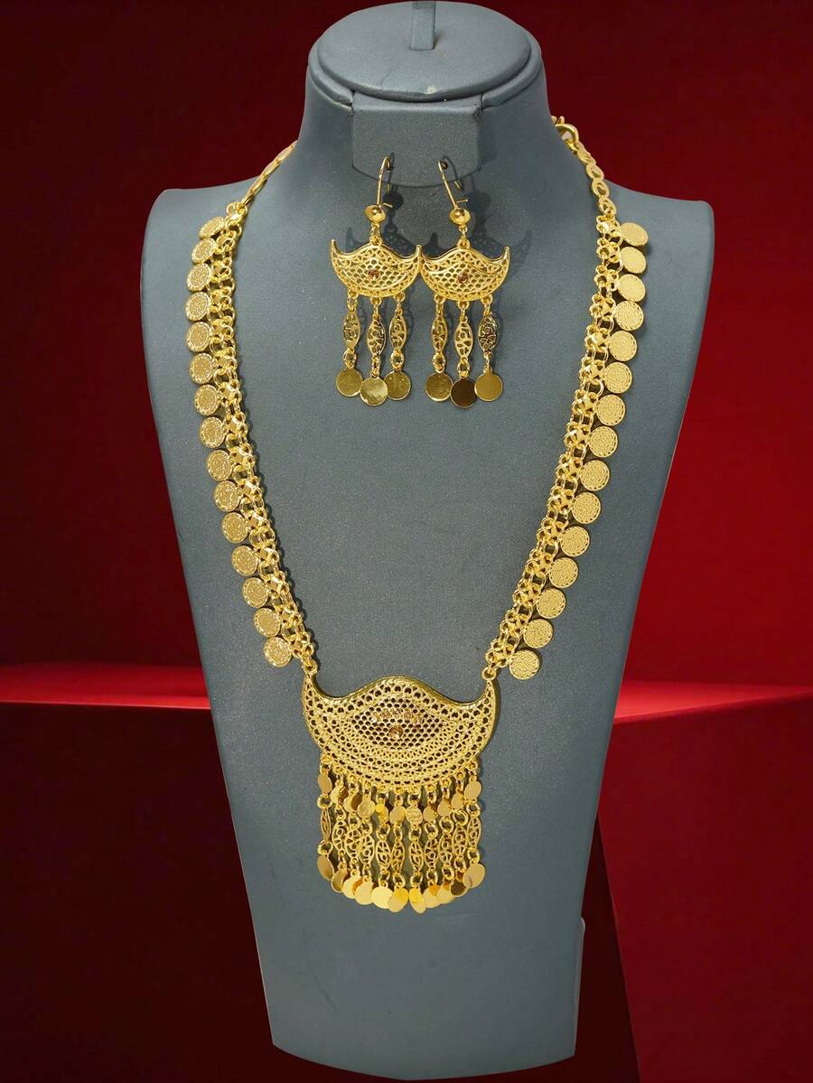 1套24K镀金锌合金中东风格镂空硬币流苏项链和耳环套装（女士）