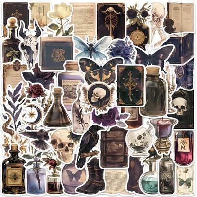 50 Sets Of Retro Witch And Magic Themed Stickers, PVC Material, Gothic Horror Halloween Decoration For Laptops, Notebooks, Bottles, Skateboards, Mobile Phones - Ideal For Teens And Adults