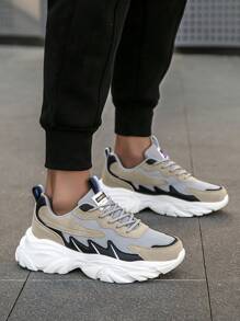 男士时尚百搭撞色系带运动鞋，户外和日常字母印花低帮厚底跑步鞋 - 卡其色 - 查看 2