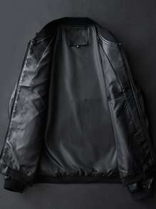 Officeau 男士商务休闲黑色棒球领PU皮夹克，常规版型，秋冬款 - 黑色 - 查看 8