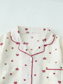 Women's Heart Print Bubble Crinkle Long Sleeve Pants Pajama Set - Apricot - View 2
