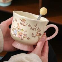 1 pieza Taza de cerámica de 400ml con cuchara, taza con diseño de conejo rosa lindo, taza de café de oficina, taza de desayuno de leche para estudiantes, taza de pareja, regalo de Navidad - Rosa - Ver 2