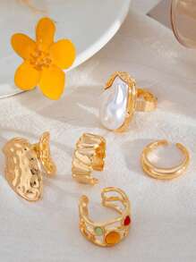 6 件套优雅奢华、多功能、精致、个性化、耀眼、独特的高端珍珠合金戒指套装，适合女性，适合海滩、通勤、度假、派对珠宝