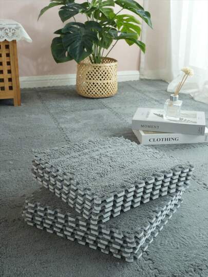 6pcs Soft Plush Puzzle Floor Mat, Creative Interlocking Tiles, Solid Color Minimalist Design