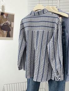 女式休闲日常格子蕾丝边纽扣衬衫