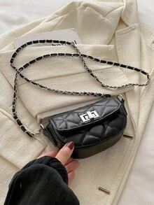女士时尚迷你斜挎包，链条肩带翻盖锁迷你半圆形钱包 - 黑色 - 查看 1