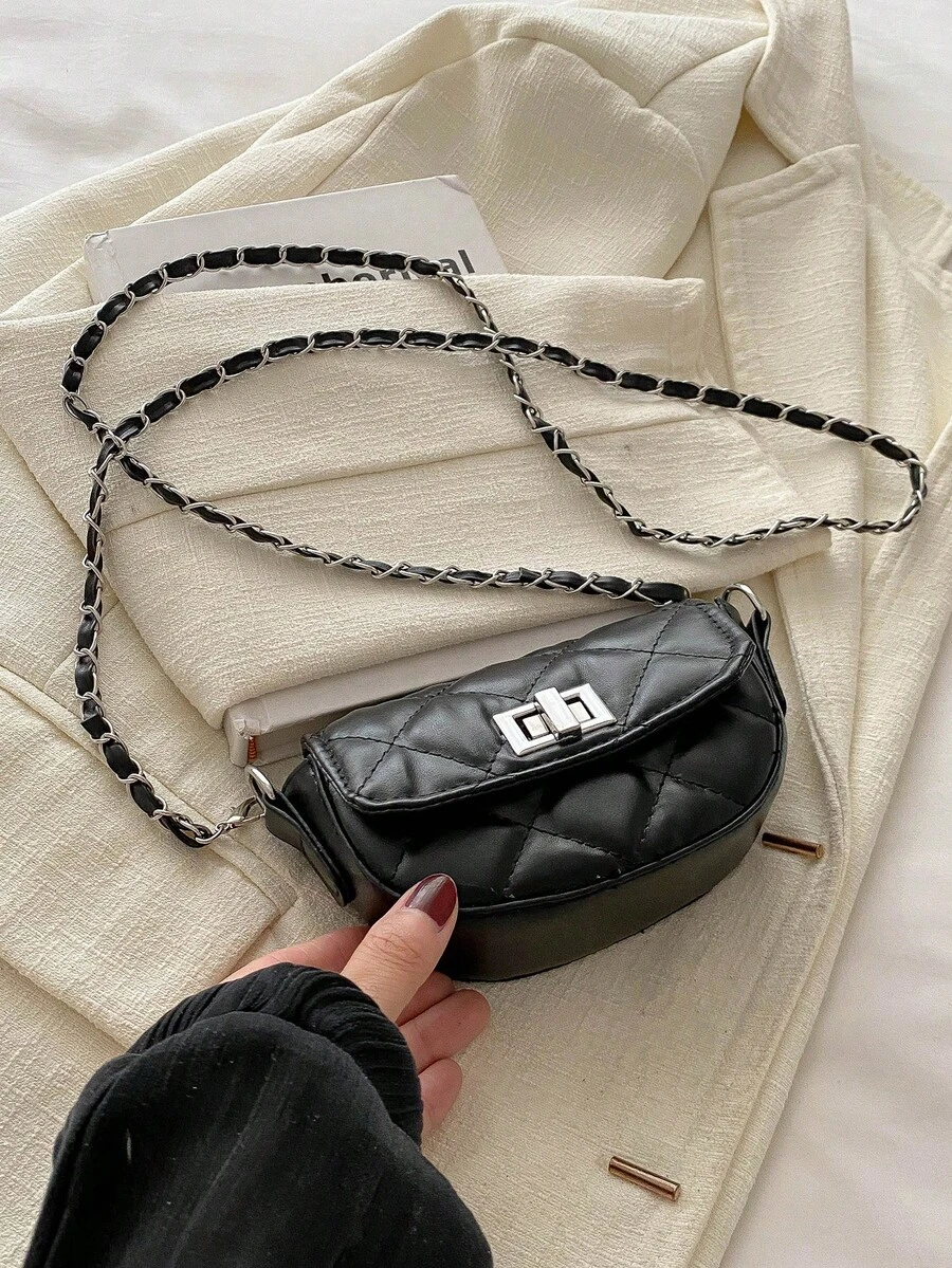 女士时尚迷你斜挎包，链条肩带翻盖锁迷你半圆形钱包 - 黑色 - 查看 1