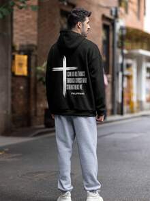 男士休闲街头风格字母与十字架（宗教元素）印花长袖连帽无口袋卫衣，适合秋冬 - 黑色 - 查看 3