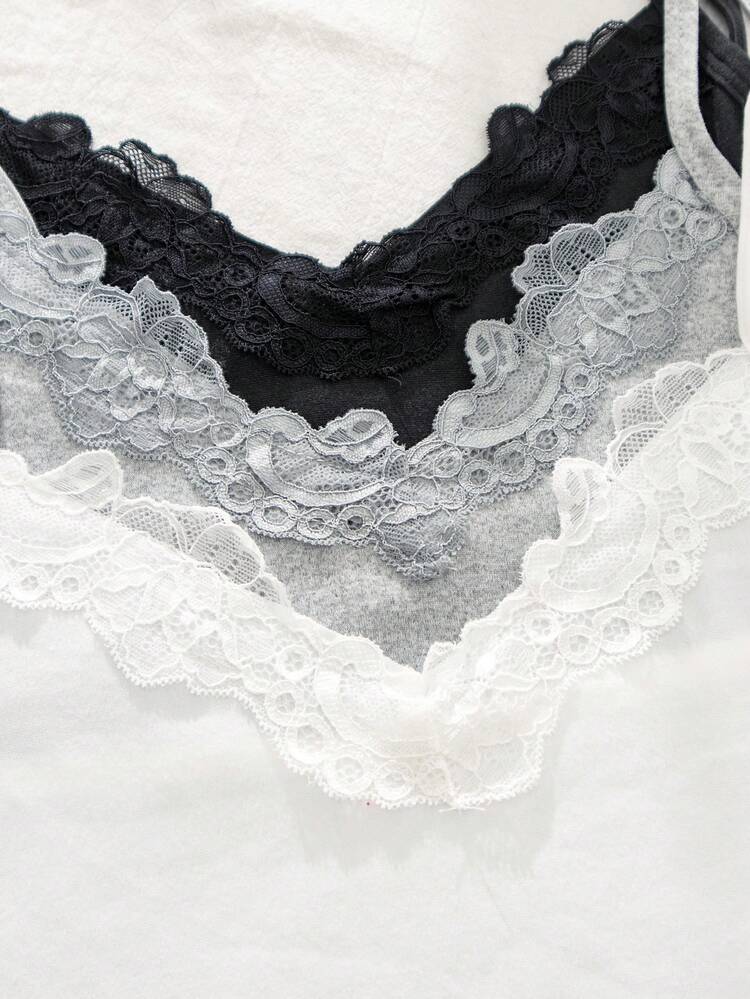 Juego de 3 camisetas de tirantes de encaje para mujer, ropa interior versátil - Multicolor - Añade 3