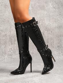 Fall/Winter 2025 12cm Sexy Fashion Leather Strap Metal Buckle Studded Pointed Toe Casual Versatile Side Zipper Tall Boots,Black Boots,High Heels - Black - View 4