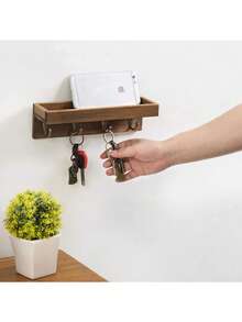 Key Holder For Wall, Wall Mounted Rustic Wood Floating Shelf Mail Organizer With 4 Metal Hooks, Farmhouse Wall Shelf Decor Key Rack Hanger For Entryway, Hallway, Bedroom, Office - 1 Pack - View 4