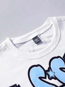 Men's Letter & Star Graphic Loose Round Neck Short Sleeve T-Shirt, Summer T Shirts Graphic, Graphic Tees White, Mens Tshirts Double Sided Print, Graphic Tees , World Tour T-Shirt-Premium Cotton Graphic Printed Round Neck T-Shirts-365T - 淺藍色 - 查看 4