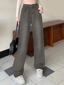 女式休闲宽松阔腿牛仔裤，带口袋 - 灰色 - 查看 2