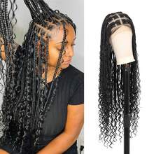 Full Lace Boho Braided Wigs Women 360 Lace Front Box Braided Wigs, Black Premium Synthetic Knotless Braid Wig 36, Wig Styles KPND - 黑色方塊波西米亞風 - 查看 5