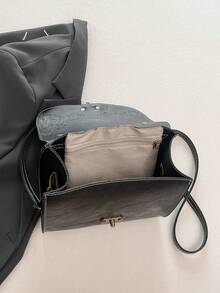 1pc Fashionable Hardware Lock Design Embossed PU Leather Handbag With High-End Style, Can Be Worn Across Body - Black - View 8