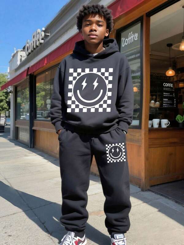 Tween Boy Smiling Face Print Warm Hoodie And Sweatpants Set