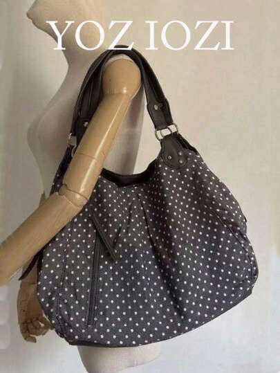 Korean Style Polka Dot Canvas Tote Bag, Large Capacity Foldable Commuter Shoulder Bag For University Students , Polka Dot