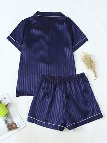 Women's Deep Floral Short Sleeve Collared Top And Shorts Set, Casual Sleepwear Without Elastic Waist, Stylish Comfortable Loungewear - 藍色 - 查看 2