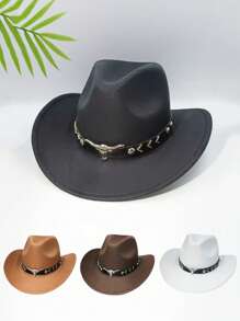 1 Men's Polyester Western Cowboy Hat, Unisex Vintage Style Hat, Bull Shape Decoration, Suitable For Daily Casual Wear, Western Cowboy Party, Bar Cowboy (One Size Fits All)