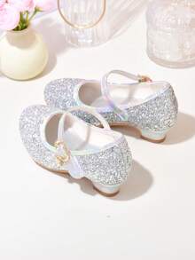 Children's Silver Crystal Shoes, Girls' High Heel Shoes For Performance, Princess, Student, Chorus, Host, Show, Leather Shoes - Silver - View 1