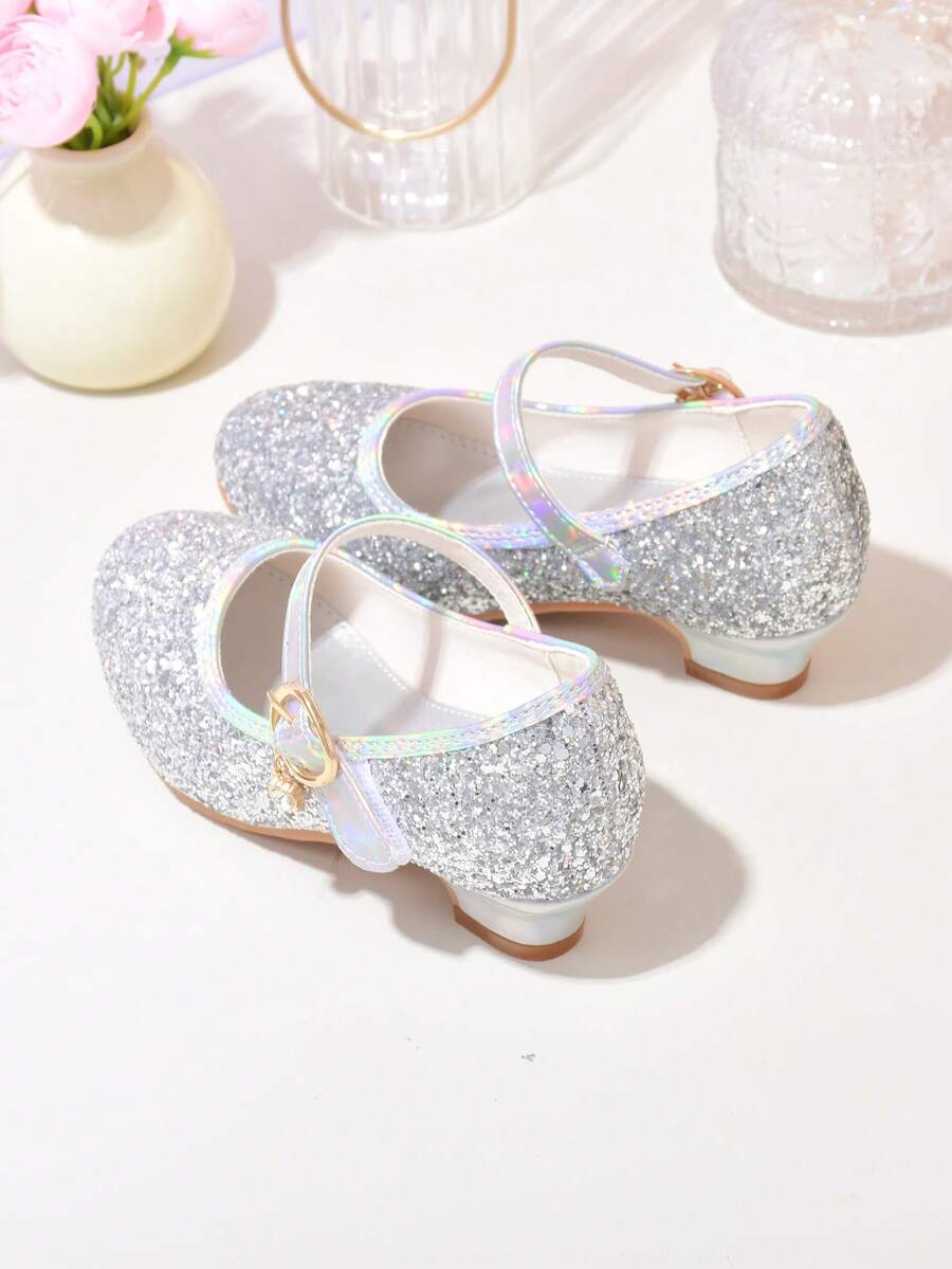 Children's Silver Crystal Shoes, Girls' High Heel Shoes For Performance, Princess, Student, Chorus, Host, Show, Leather Shoes - Silver - View 1