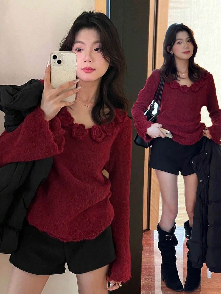 Elegant Solid Color Flare Sleeve Knit Sweater - Red - View 1