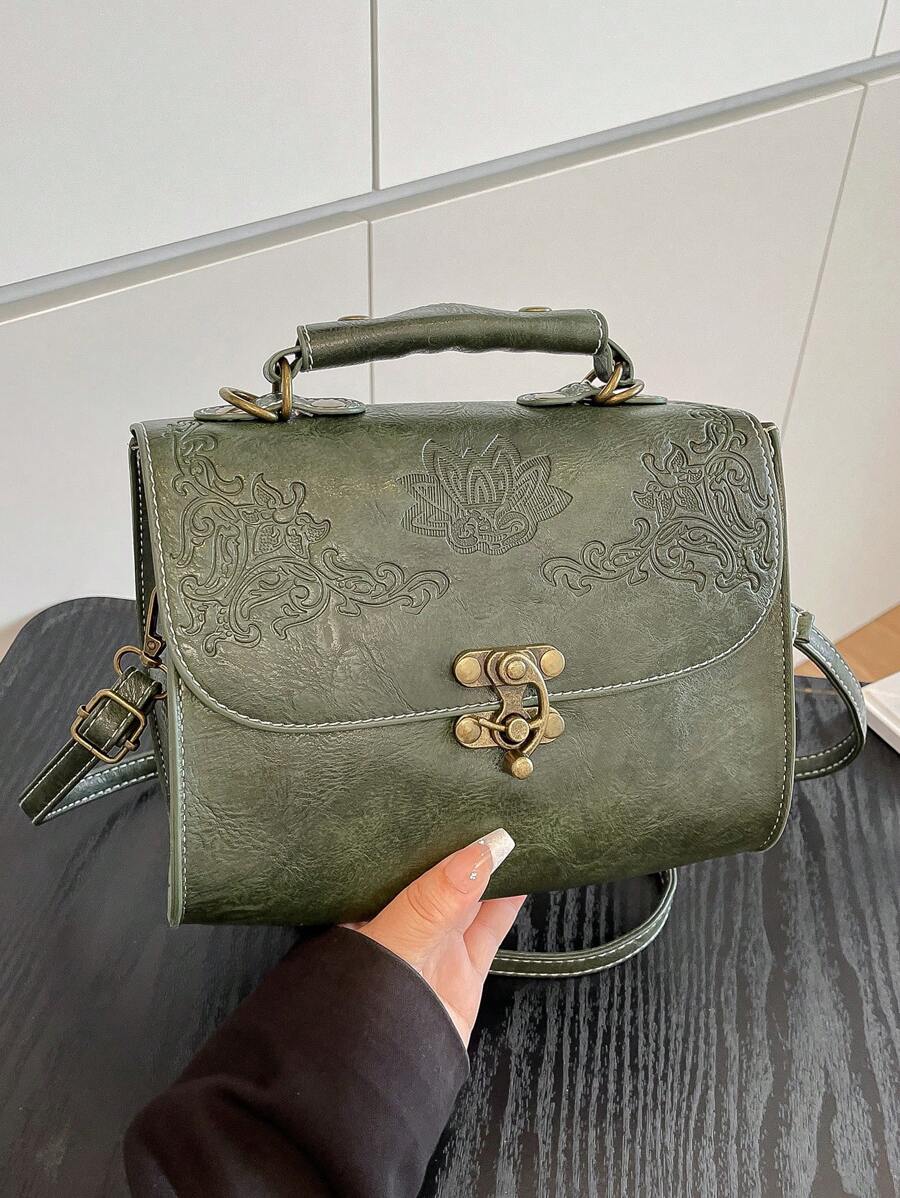 1pc Fashionable Pu Leather Embossed Handbag With Metal Lock Design, High-End Texture, Shoulder Bag Or Tote Bag - Green - View 1