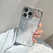 蓝色拼接元素时尚手机壳，拼接花卉图案，GUCADI 电镀银边手机壳，清新蕾丝花朵全包硬壳，兼容苹果 17 Pro Max/16/15/14/13 系列，优雅女士风格，春季礼物 - 彩色 - 查看 6