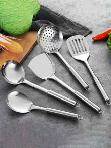 5件/3件不锈钢耐热木纹手柄烹饪用具套装，带锅铲、汤勺和滤网，适用于厨房（批次差异可能导致手柄和滤网孔设计略有不同，不锈钢产品可能会有轻微划痕，但不影响使用）