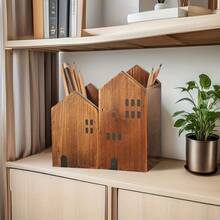 2pc Small House Shape Pen Holder Storage Box - Wooden Retro Desktop Decoration For Art Supplies/Brushes/Office Items - Multi-Use Makeup Brush & Stationery Organizer - Kawaii School Essentials, Back To School Must-Have, Creative Workspace Decor, Vintage Pencil Case Alternative, Dorm Room Desktop Cutie