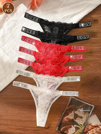 Conjunto de 7 piezas de lencería sexy para mujer con encaje floral y decoración con rhinestones, tanga con decoración de letra de rhinestones