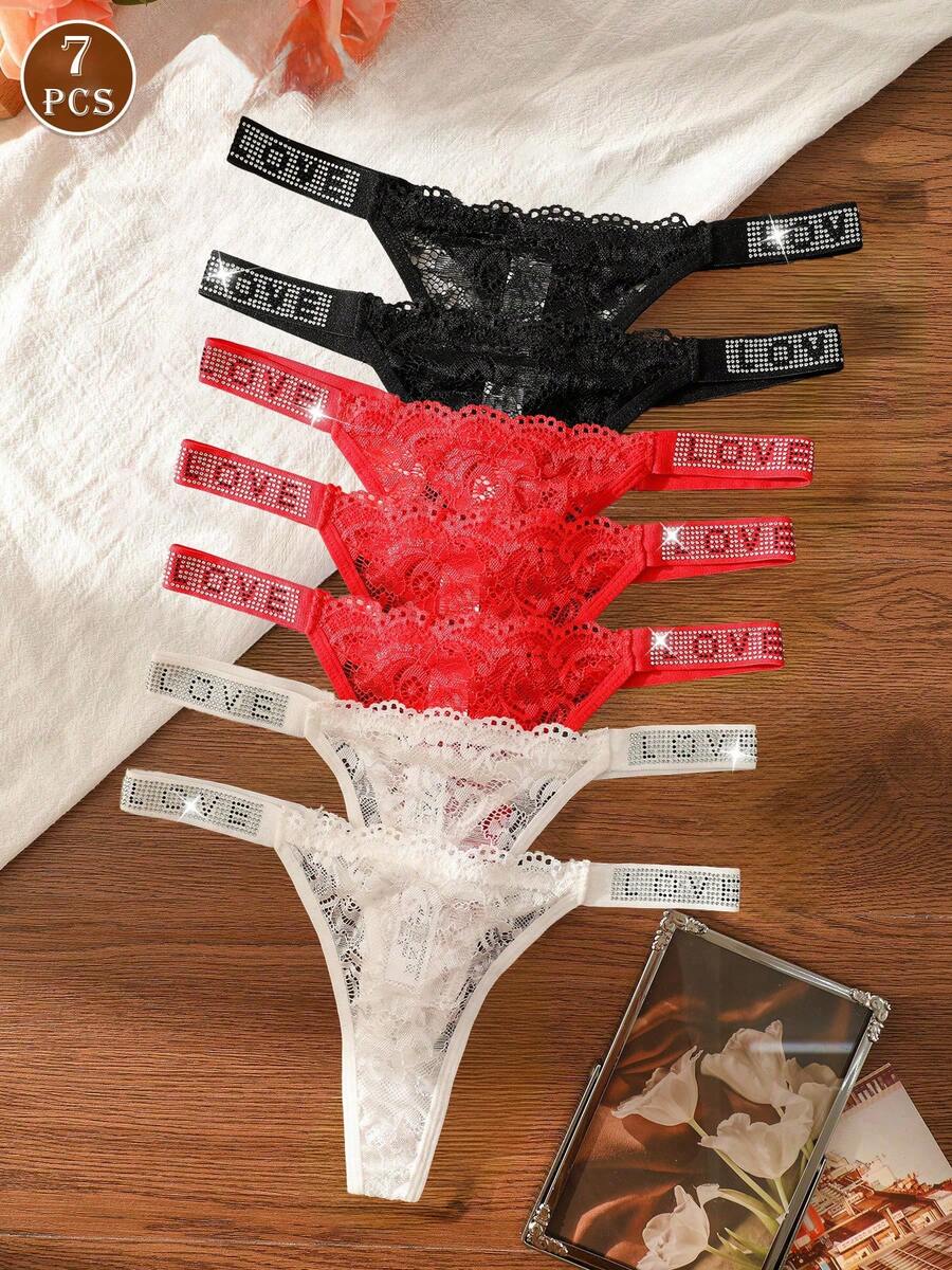 7pcs Women Lace Floral Rhinestone Decorated Sexy Lingerie Set, Thong Panties With Rhinestone Letter Decor
