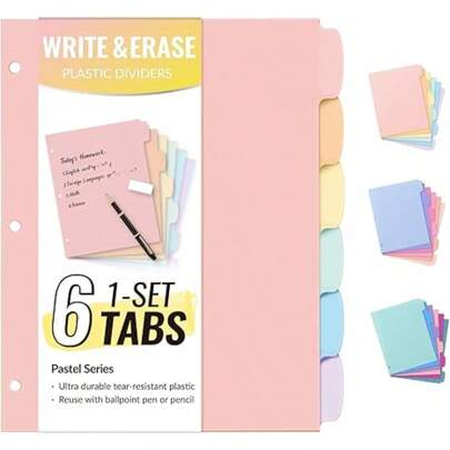 6-Tab Durable Plastic Write & Erase Big Tab Dividers For 3 Ring Binder, Aesthetic Cute Pastel Binder Dividers For Student, Teacher, Office, Home Organizers, 1 Sets, Pastel