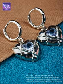 A Pair Of [2025 Fashion New Products] These Exquisite Earrings Take The Timeless Heart Motif As Their Centerpiece, Seamlessly Blending Romance And Sophistication. Crafted From 925 Sterling Silver, The Pendant Features A Delicately Designed Heart Shape, Adorned At Its Center With A Natural Blue Crystal-Its Deep, Oceanic Hue Evoking A Sense Of Boundless Wonder And Natural Energy. - Baby Blue - View 13