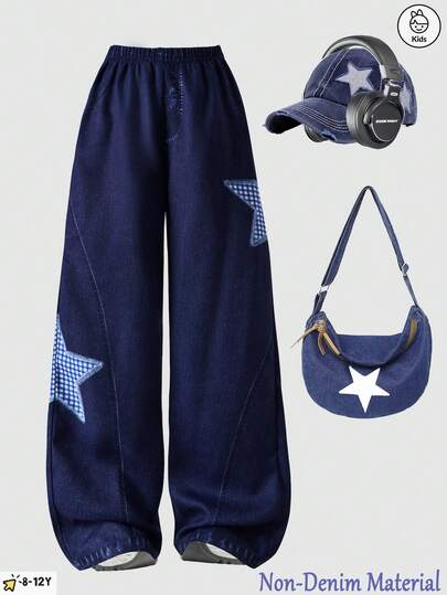 Fashionable And Sweet Girls' Simple Five Pointed Star Pattern Wide Leg Pants, Imitation Denim Fabric Casual Pants, Suitable For Outdoor Wear In Spring And Autumn, Parties, Campus, And Girls' Daily Wear