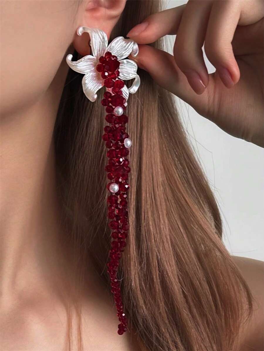 1 Cặp bông tai tua rua đính hạt hoa màu đỏ cổ điển, Phụ kiện bông tai đơn giản theo phong cách kỳ nghỉ hè - Đỏ - Xem 1