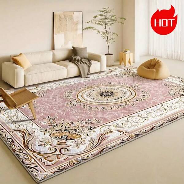 1pc Luxurious Velvet Floral Area Mat - Soft, Washable, Non-Slip Polyester Blend For Bedroom, Office, And Living Room Decor - Elegant Pink, White, And Golden Ornate Design On Light Background, Rugs For Living Room