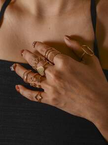 10 件金色简约金属合金心形与几何图案开口戒指套装 - 金色 - 查看 6