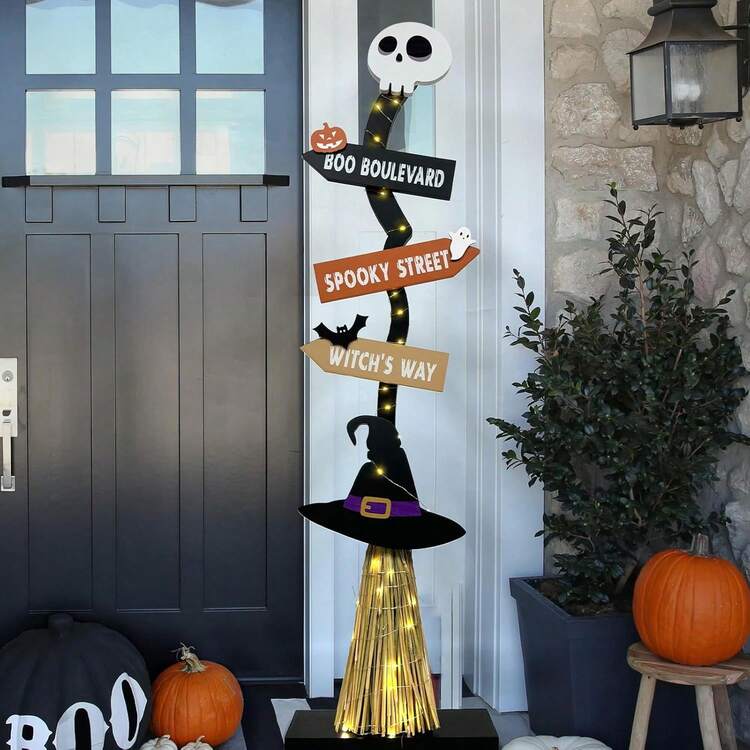 Letrero decorativo de Halloween Feliz / Tabla de decoración de pared de madera con piernas y sombrero de bruja colgante / Decoración colgante para la puerta principal de campo / Decoración de arte de otoño / Adecuado para el hogar, la habitación, el interior, el exterior, la fiesta de vacaciones, la decoración del patio, la pared colgante, la ventana - Multicolor - Añade 12