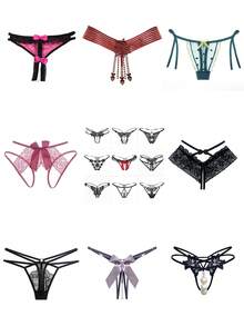 6packs Women Sexy Hollow T-Thong Sets Random Shipments Multi-Style Open Crotch Elegant Pearl Beaded Underpants T-Thong For Lady - Nhiều màu - Xem 5