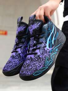 2025 Spring New Ultra Light Thick Bottom Large Size Basketball Shoes, Outdoor Casual Sports Shoes, Anti-Slip And Wear-Resistant Running Shoes, Soft And Comfortable Hiking Shoes, Shock Absorbent Rebound Casual Shoes (Note: Handpainted Uneven Soles, Random Patterns, Asymmetrical) - 紫黑 - 查看 2