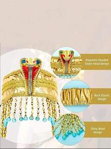 1 pieza Diadema con cabeza de serpiente egipcia para mujer - Accesorio de joyería egipcia antigua, con cuentas doradas y acentos azules, como un tocado para la reina de un faraón, adecuado para fiestas de maquillaje, fotografía, fiestas temáticas - Tocado de estilo real, artesanía exquisita, diseño complejo