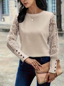 Blouse élégante à col rond en dentelle et patchwork à manches longues pour femmes, T-shirt à manches longues et col rond