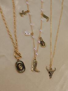 Conjunto De 3 Peças Estilo Cowboy Ocidental Vintage: Chapéu De Cowboy, Botas De Cowboy, Colar Com Pingente De Metal Em Forma De Cacto E Cabeça De Touro, Colar Com Pingente De Bota Com Corrente De Pérolas Em Camadas Retrô - Multicolorido - Ver 5