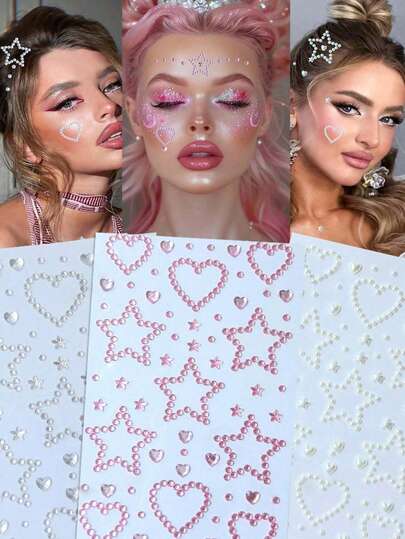 1 Set Heart Star Beige Stereo Body Glittery Gem Stickers Wedding Party Bride Bridesmaid Makeup Birthday Party Music Festival Gift DIY Eyes Face Jewels Stickers Suitable For Dance Performances Parties And Stage Makeup Fake Tattoos