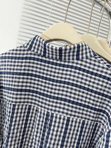 女式休闲日常格子蕾丝边纽扣衬衫