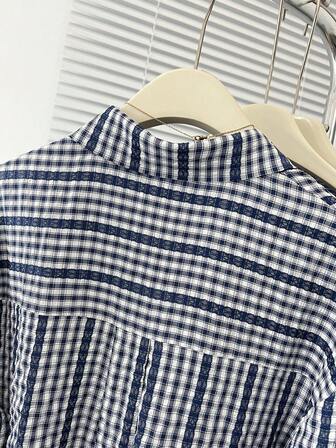 女式休闲日常格子蕾丝边纽扣衬衫