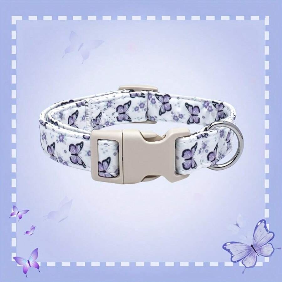 1 pieza Collar con estampado de perro de dibujos animados - Collar de poliéster suave y cómodo de longitud ajustable con estampado de mariposa, regalo para mascotas adecuado para perros pequeños y grandes, uso en interiores y exteriores, uso diario, fotografía, fiesta de cumpleaños y boda, unisex, durable anillo en D y colgante con forma de corazón - Púrpura malva - Ver 1